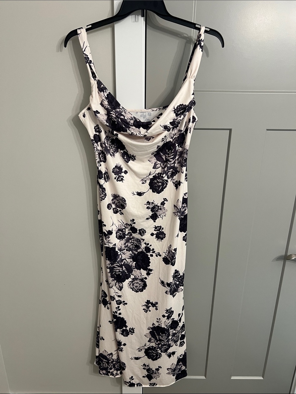 Cowl Neck Floral Midi Dress in Cream and Black